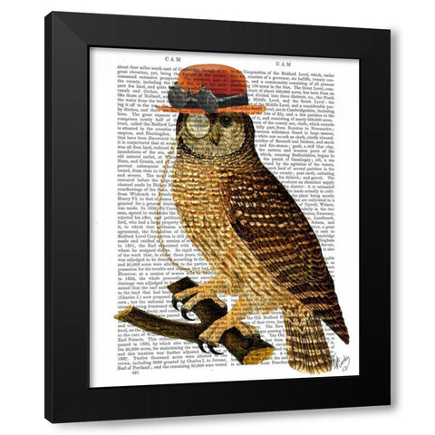 Owl with Steampunk Style Bowler Hat Black Modern Wood Framed Art Print by Fab Funky