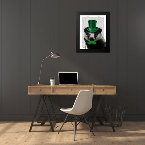 Badger with Green Top Hat and Moustache Black Modern Wood Framed Art Print by Fab Funky