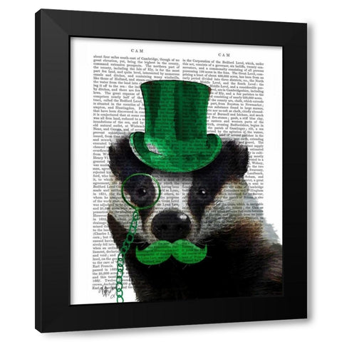 Badger with Green Top Hat and Moustache Black Modern Wood Framed Art Print by Fab Funky
