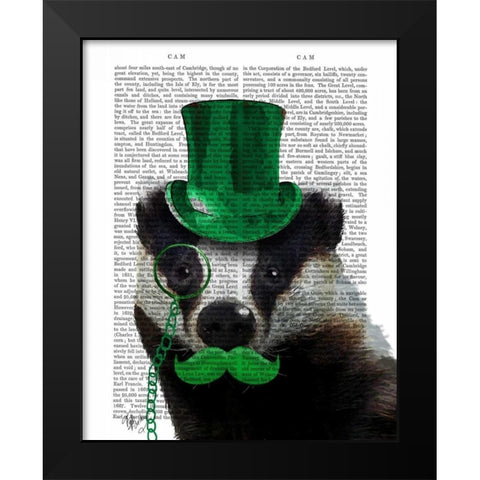 Badger with Green Top Hat and Moustache Black Modern Wood Framed Art Print by Fab Funky