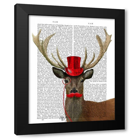 Deer with Red Top Hat and Moustache Black Modern Wood Framed Art Print by Fab Funky