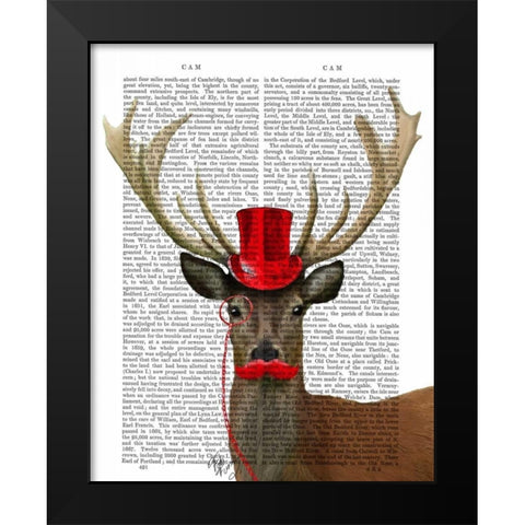 Deer with Red Top Hat and Moustache Black Modern Wood Framed Art Print by Fab Funky