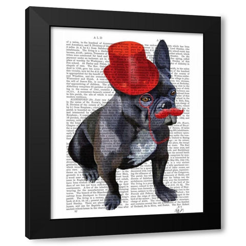 French Bulldog With Red Top Hat and Moustache Black Modern Wood Framed Art Print with Double Matting by Fab Funky