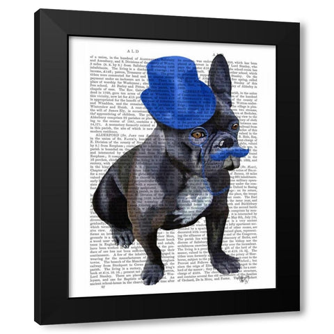 French Bulldog With Blue Top Hat and Moustache Black Modern Wood Framed Art Print with Double Matting by Fab Funky