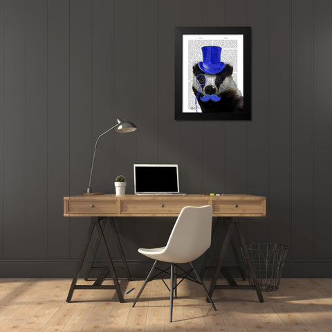 Badger with Blue Top Hat and Moustache Black Modern Wood Framed Art Print by Fab Funky