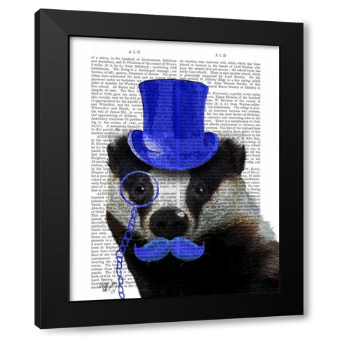 Badger with Blue Top Hat and Moustache Black Modern Wood Framed Art Print by Fab Funky