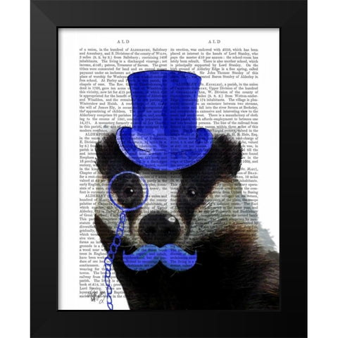 Badger with Blue Top Hat and Moustache Black Modern Wood Framed Art Print by Fab Funky