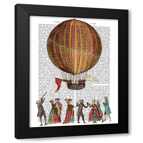 Hot Air Balloon And People Black Modern Wood Framed Art Print by Fab Funky