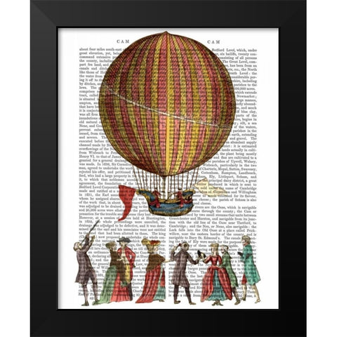 Hot Air Balloon And People Black Modern Wood Framed Art Print by Fab Funky