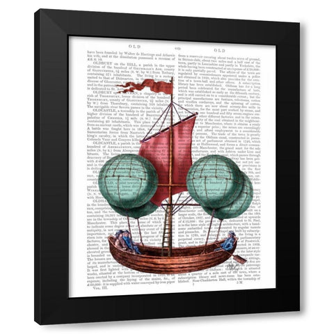 Hot Air Balloon Airship With Red Sail Black Modern Wood Framed Art Print by Fab Funky