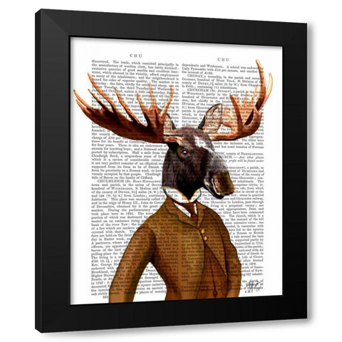 Moose In Suit Portrait Black Modern Wood Framed Art Print with Double Matting by Fab Funky