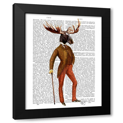 Moose In Suit Full Black Modern Wood Framed Art Print with Double Matting by Fab Funky