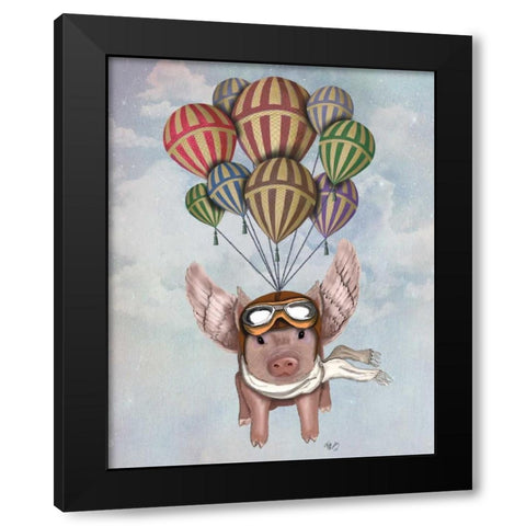 Pig And Balloons Black Modern Wood Framed Art Print by Fab Funky