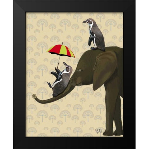 Elephant and Penguins Black Modern Wood Framed Art Print by Fab Funky