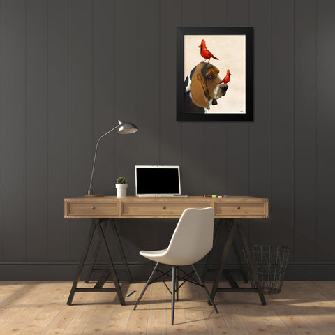 Basset Hound and Birds Black Modern Wood Framed Art Print by Fab Funky