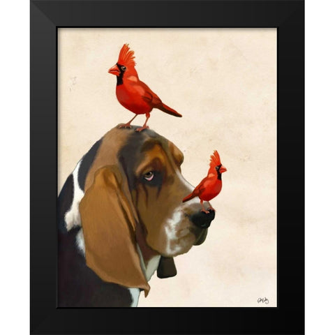 Basset Hound and Birds Black Modern Wood Framed Art Print by Fab Funky