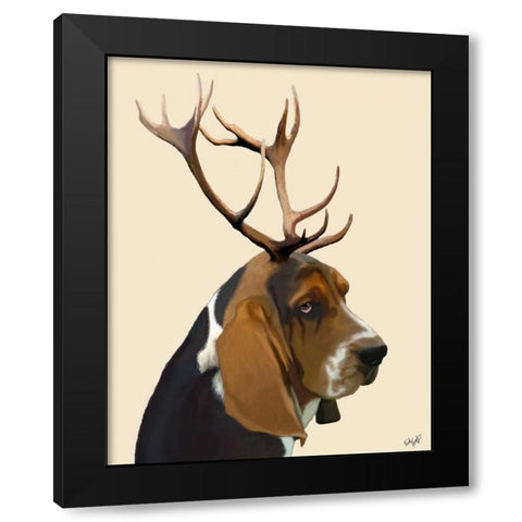 Basset Hound and Antlers Black Modern Wood Framed Art Print by Fab Funky