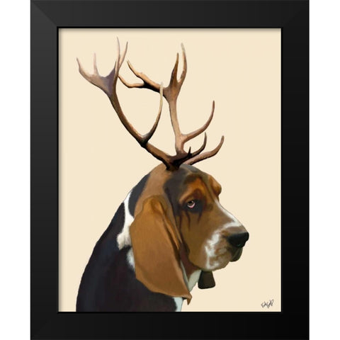 Basset Hound and Antlers Black Modern Wood Framed Art Print by Fab Funky
