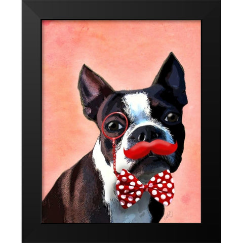 Boston Terrier Portrait with Red Bow Tie and Moustache Black Modern Wood Framed Art Print by Fab Funky
