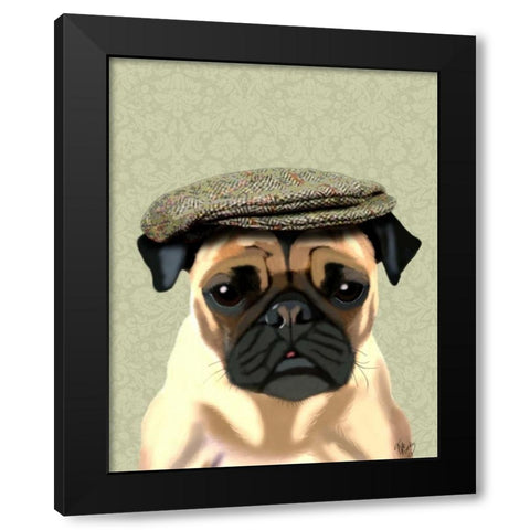 Pug in Flat Cap Black Modern Wood Framed Art Print by Fab Funky