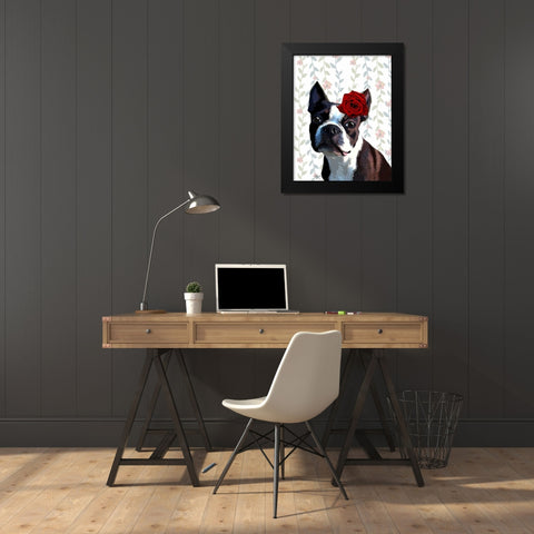 Boston Terrier with Rose on Head Black Modern Wood Framed Art Print by Fab Funky