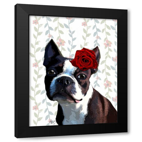 Boston Terrier with Rose on Head Black Modern Wood Framed Art Print by Fab Funky