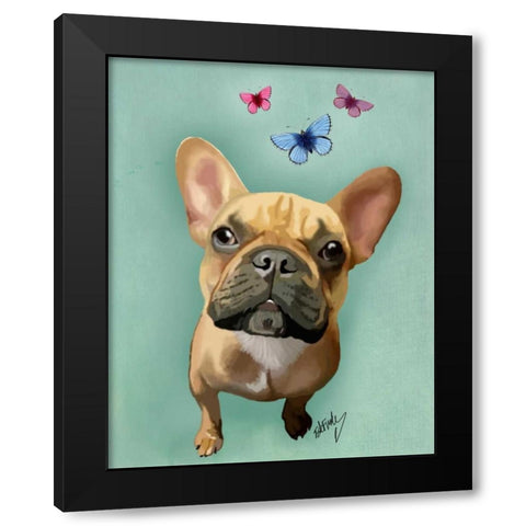 Brown French Bulldog and Butterflies Black Modern Wood Framed Art Print with Double Matting by Fab Funky