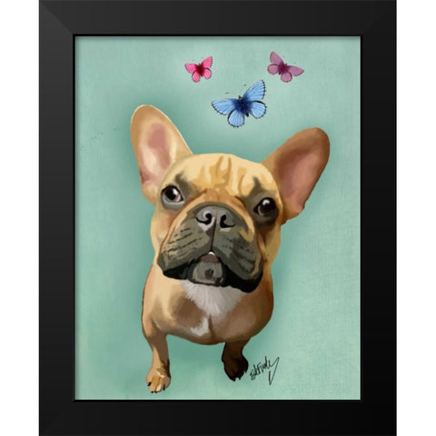 Brown French Bulldog and Butterflies Black Modern Wood Framed Art Print by Fab Funky