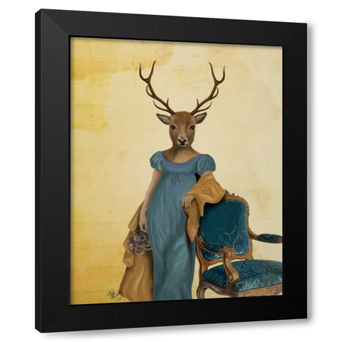 Deer In Blue Dress Black Modern Wood Framed Art Print by Fab Funky