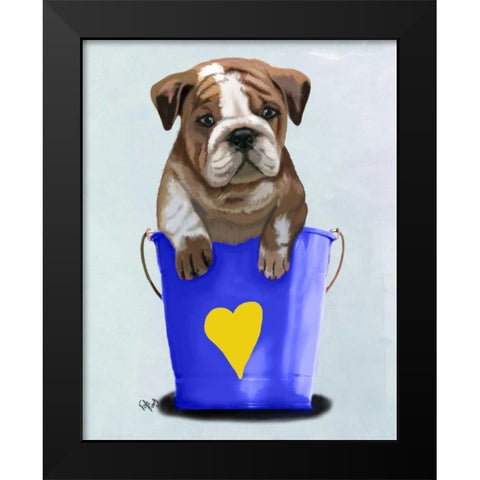 Bulldog Bucket Of Love Blue Black Modern Wood Framed Art Print by Fab Funky