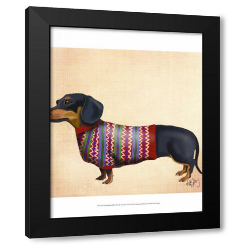 Dachshund With Woolly Sweater Black Modern Wood Framed Art Print with Double Matting by Fab Funky