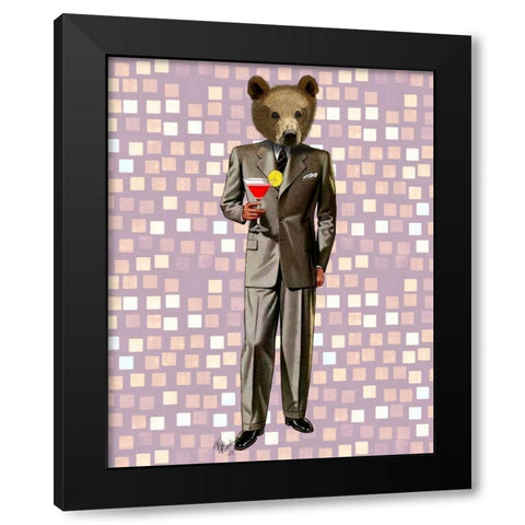 Bear With Cocktail Black Modern Wood Framed Art Print by Fab Funky