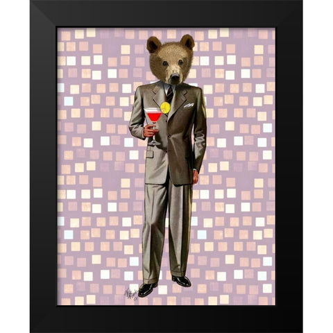Bear With Cocktail Black Modern Wood Framed Art Print by Fab Funky