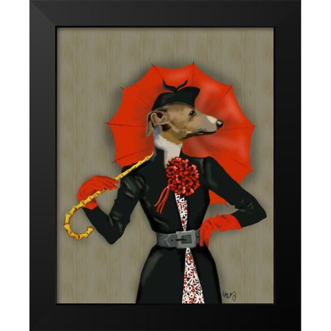 Elegant Greyhound and Red Umbrella Black Modern Wood Framed Art Print by Fab Funky