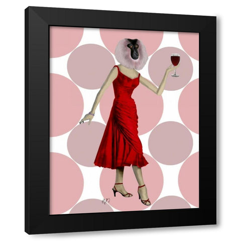 Monkey in Red Dress with wine Black Modern Wood Framed Art Print by Fab Funky