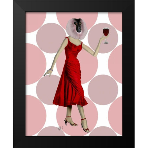 Monkey in Red Dress with wine Black Modern Wood Framed Art Print by Fab Funky