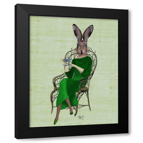 Lady Bella Rabbit Taking Tea Black Modern Wood Framed Art Print by Fab Funky