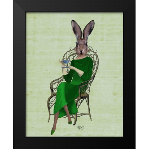 Lady Bella Rabbit Taking Tea Black Modern Wood Framed Art Print by Fab Funky