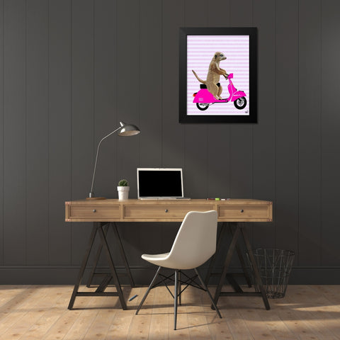 Meerkat on Pink Moped Black Modern Wood Framed Art Print by Fab Funky