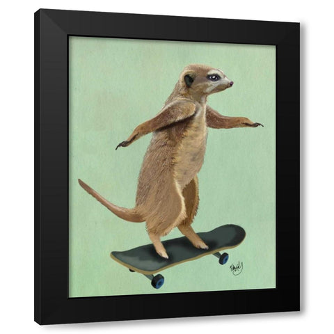 Meerkat On Skateboard Black Modern Wood Framed Art Print by Fab Funky