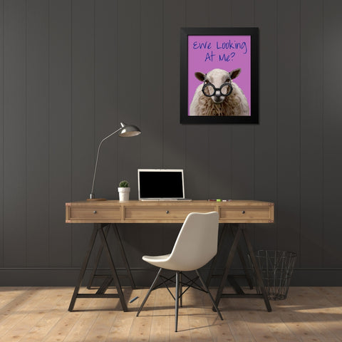 Ewe Looking at Me DeNiro Sheep Black Modern Wood Framed Art Print by Fab Funky