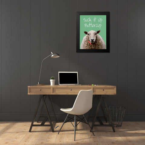 Suck It Up Buttercup Sheep Print Black Modern Wood Framed Art Print by Fab Funky