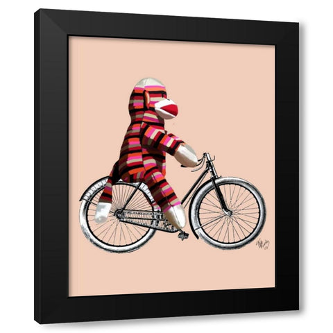 Sock Monkey on Bicycle Black Modern Wood Framed Art Print with Double Matting by Fab Funky