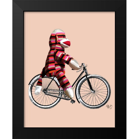 Sock Monkey on Bicycle Black Modern Wood Framed Art Print by Fab Funky