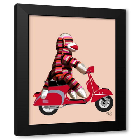 Sock Monkey on Red Moped Black Modern Wood Framed Art Print with Double Matting by Fab Funky