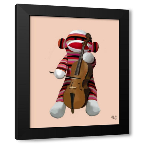 Sock Monkey and Cello Black Modern Wood Framed Art Print with Double Matting by Fab Funky