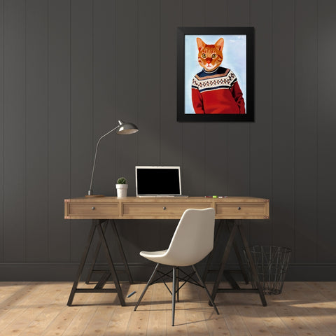 Cat in Ski Sweater Black Modern Wood Framed Art Print by Fab Funky