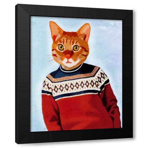 Cat in Ski Sweater Black Modern Wood Framed Art Print with Double Matting by Fab Funky