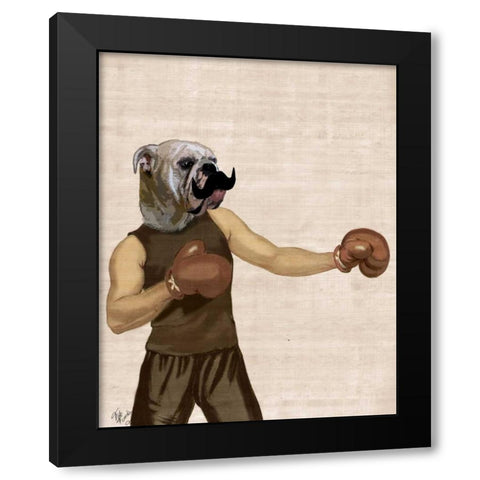 Boxing Bulldog Portrait Black Modern Wood Framed Art Print by Fab Funky