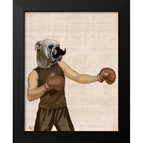 Boxing Bulldog Portrait Black Modern Wood Framed Art Print by Fab Funky